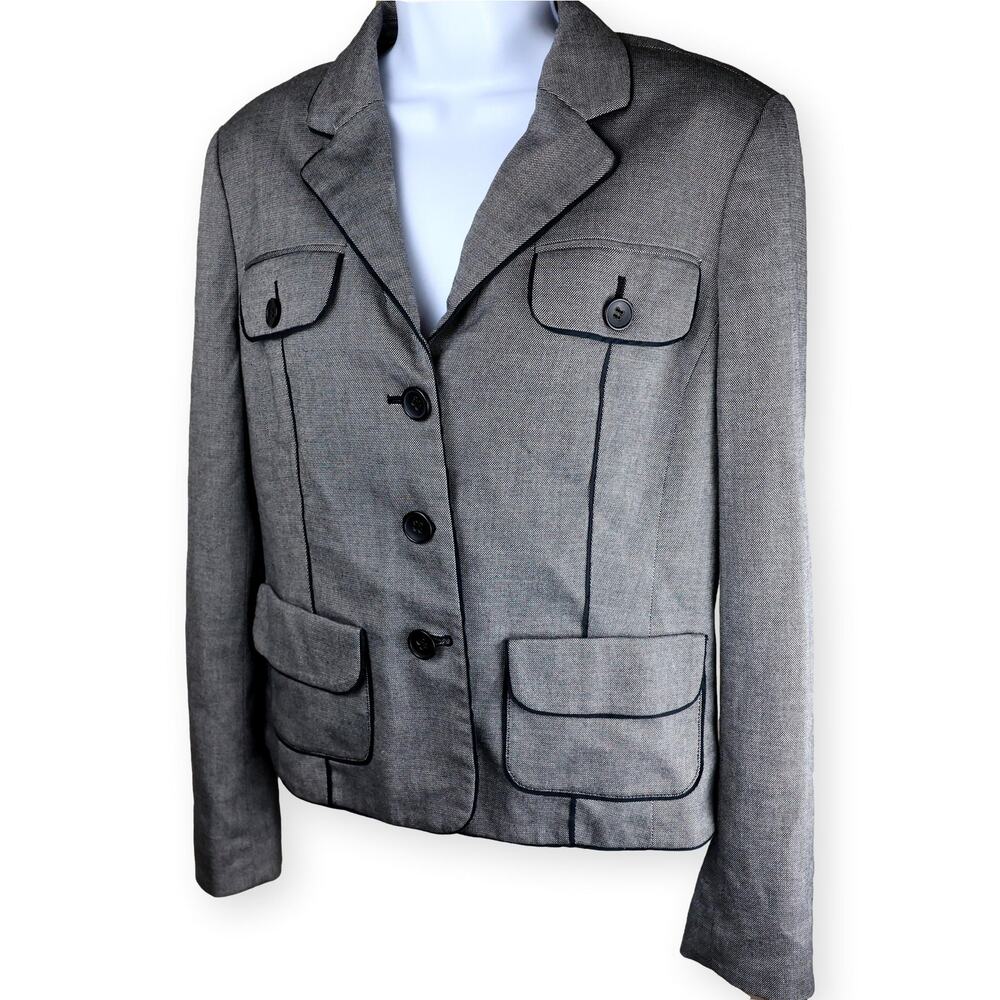 Ann Taylor LOFT Gray Blazer Black Piping Peplum Back Size 12